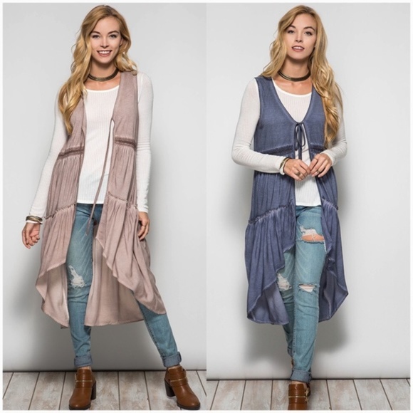 MOCHA Mineral Washed Sleeveless Duster Cardigan - Picture 2 of 4